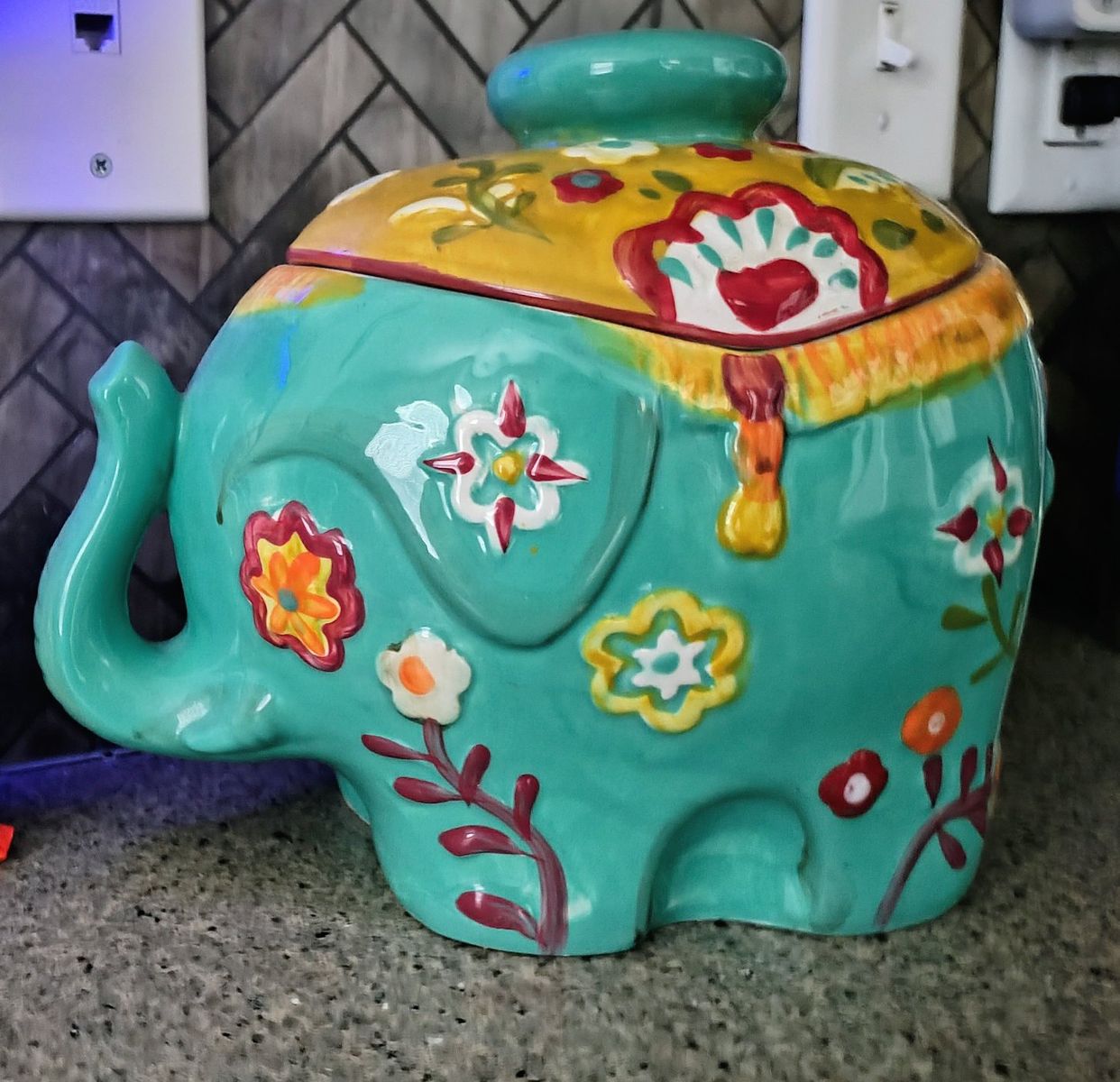 Ceramic Elephant Cookie Jar. Hand Painted Floral Teal