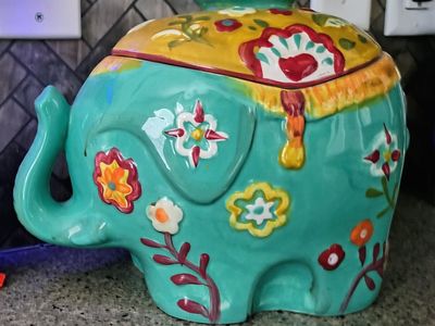 Ceramic Elephant Cookie Jar. Hand Painted Floral Teal