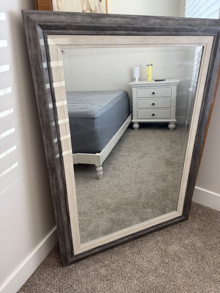 Large Wooden Framed Mirror - Rustic Two-Tone Grey and Beige Finish