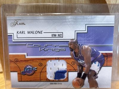 02-03 Flair Karl Malone Utah Jazz Court Kings Game-Worn Jersey Patch Basketball Card. WOW !!! NBA LOGO PATCH