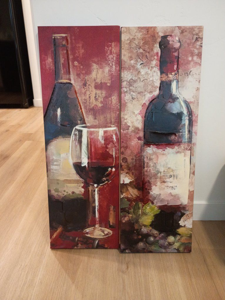 Rustic Wine Bottle & Glass Canvas Wall Art - Set of 2