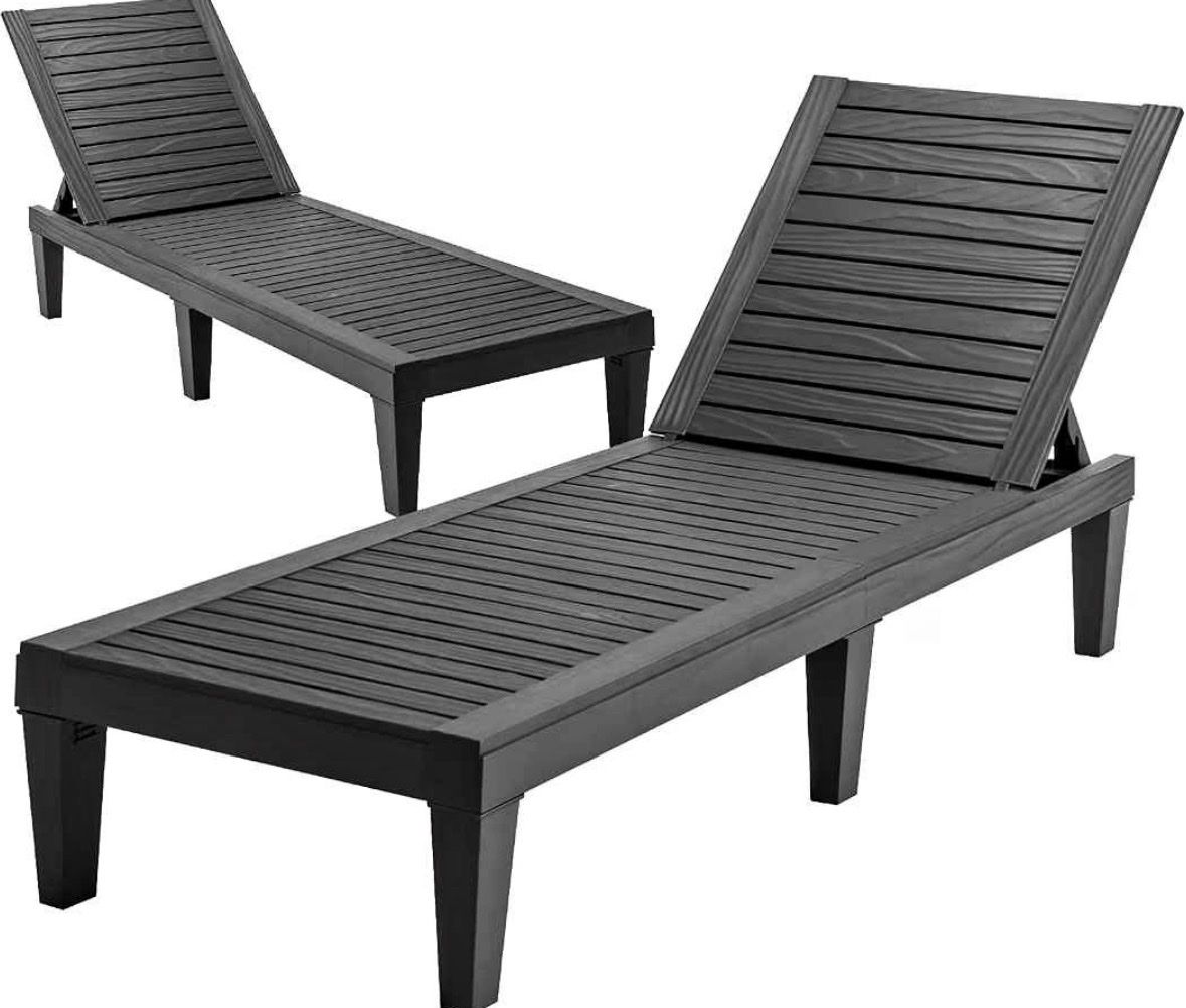New Black Adjustable Patio Chaise Lounge Chair - Outdoor Wood Grain Slat Design