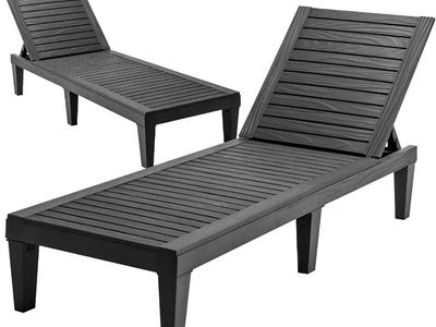 New Black Adjustable Patio Chaise Lounge Chair - Outdoor Wood Grain Slat Design