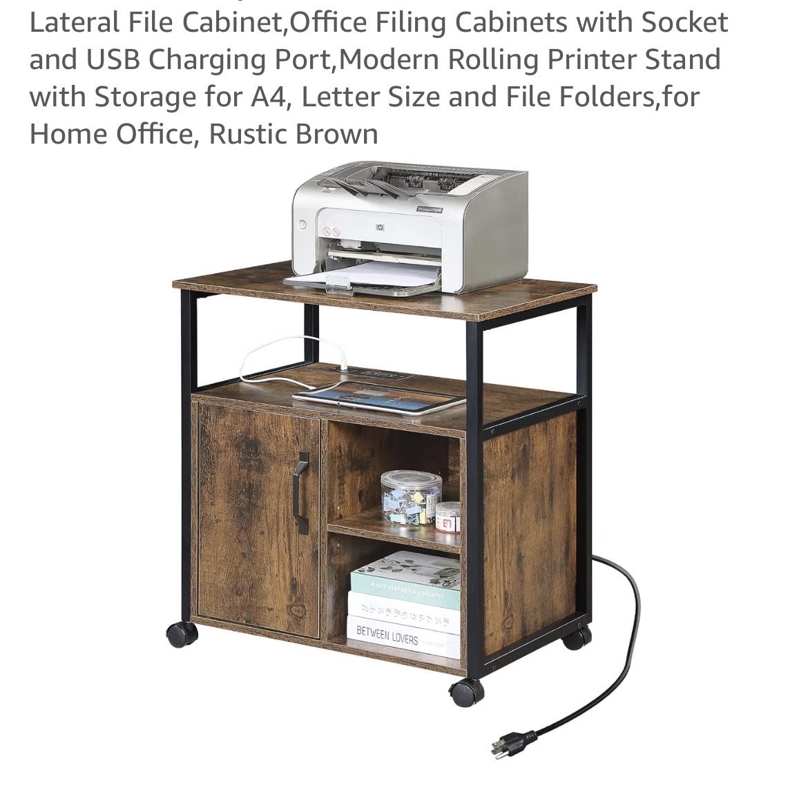 NEW IN BOX - Rustic Brown Rolling Printer Stand with Charging Port & Storage
