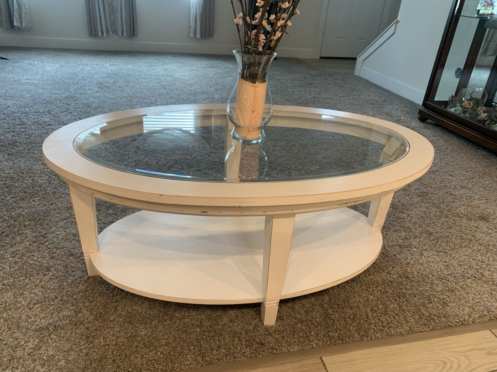 Off White Distressed Oval Wood & Glass Coffee Table Nice