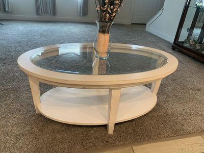 Off White Distressed Oval Wood & Glass Coffee Table Nice