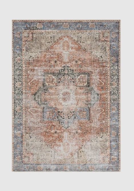 Traditional Oriental Style Area Rug 8x10 - Rust, Blue & Beige Medallion Print