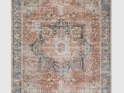 Traditional Oriental Style Area Rug 8x10 - Rust, Blue & Beige Medallion Print