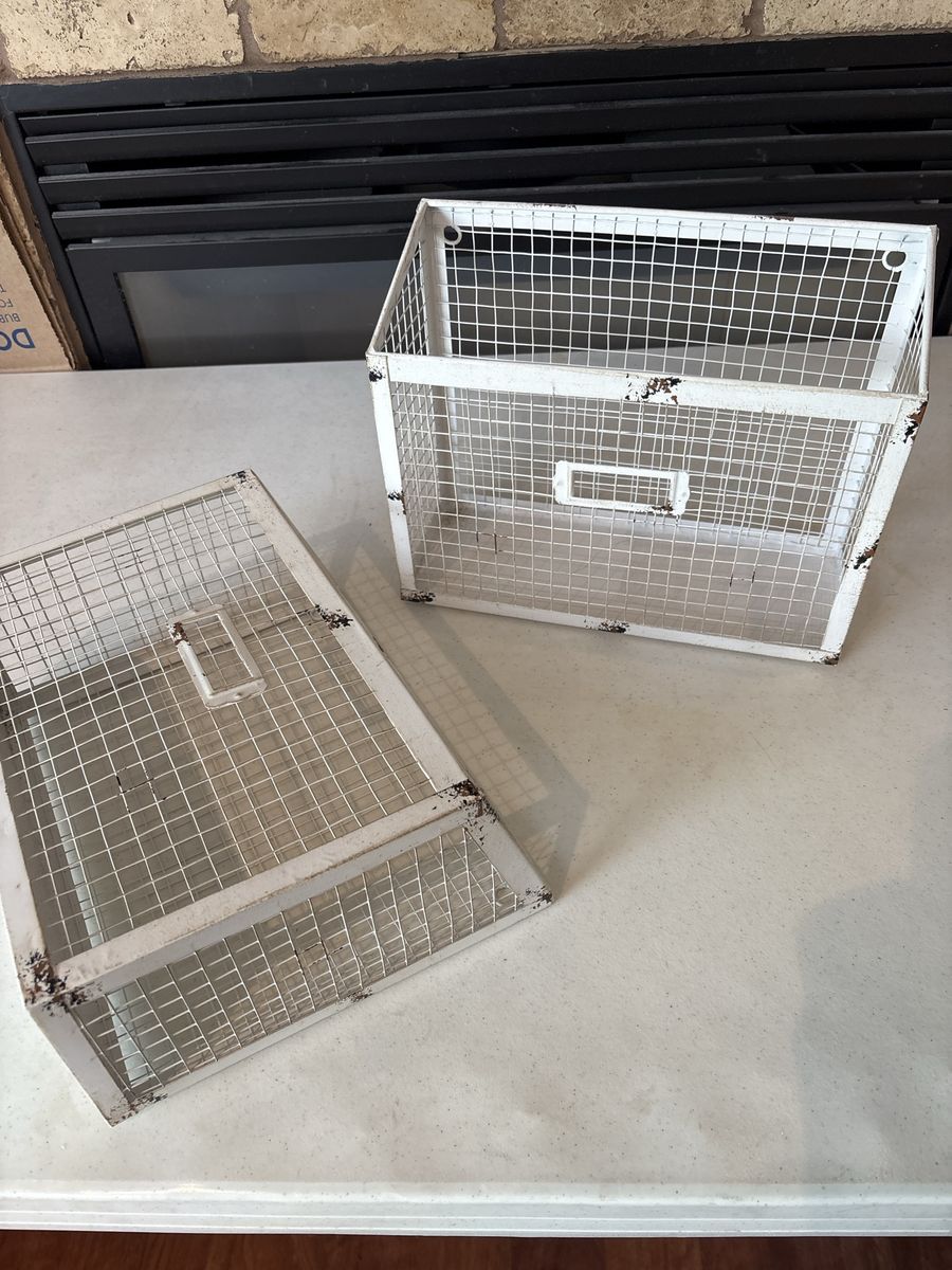 Set of 2 distressed White Metal Wire Storage Baskets mail holders or document organizers. Dirty