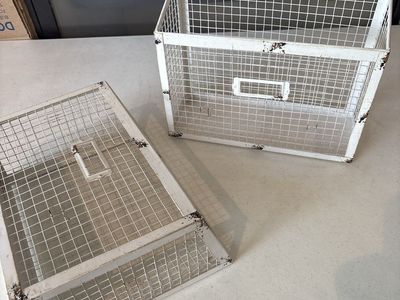 Set of 2 distressed White Metal Wire Storage Baskets mail holders or document organizers. Dirty