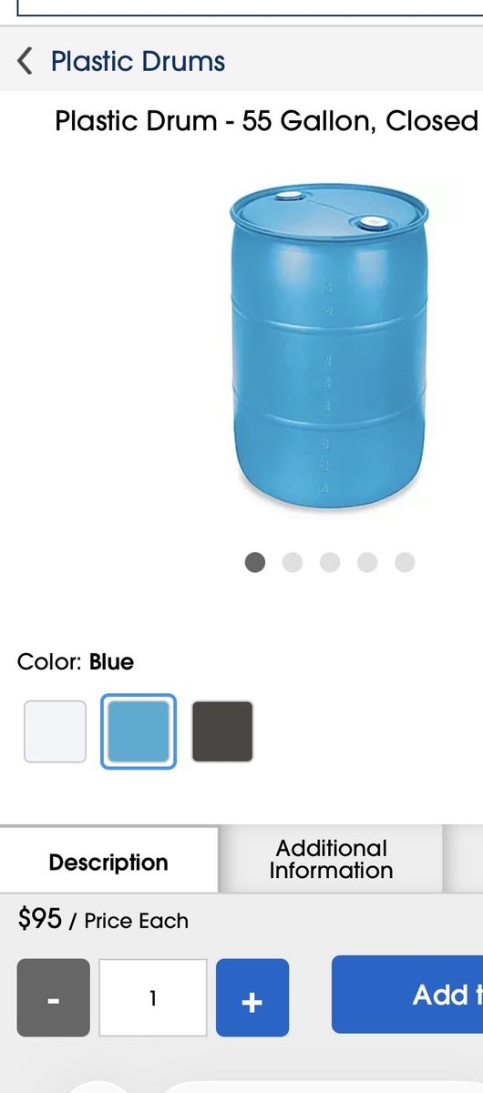 2 Used 55 Gallon Blue Plastic Drum, Closed Top Barrel - Water Storage, Rain Barrel, Shipping