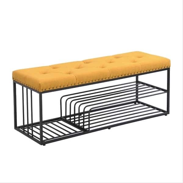 Tufted Fabric Upholstered Shoe Storage Bench with Metal Frame - Yellow