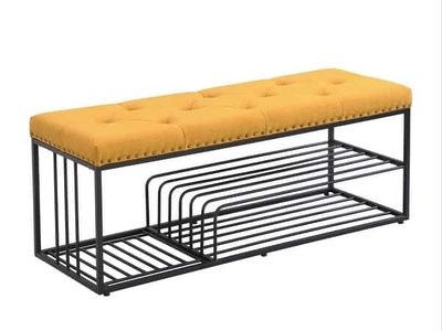 Tufted Fabric Upholstered Shoe Storage Bench with Metal Frame - Yellow