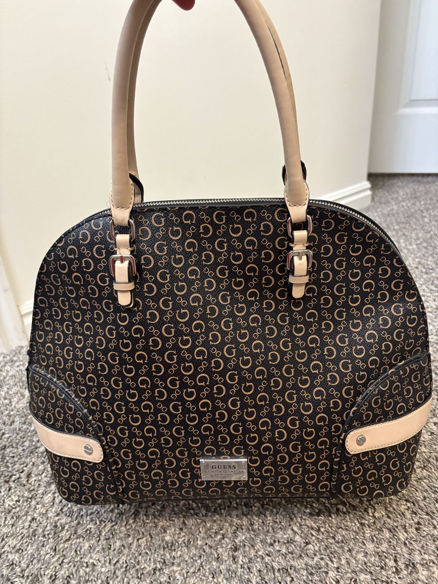 GUESS Signature Monogram Domed Satchel Handbag Brown & Beige with Inner Pockets