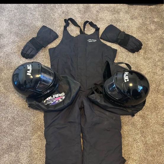 Vintage Polaris snowmobile helmet, snow overalls, gloves. Matching set. 