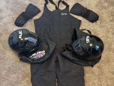 Vintage Polaris snowmobile helmet, snow overalls, gloves. Matching set.