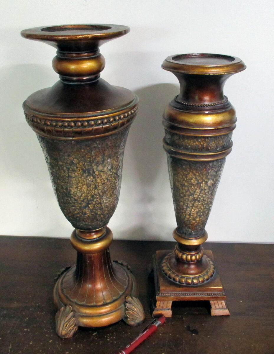 Pair Heavy Candle Sticks, Tall (see below sizes) Plastic w/cracked glass design