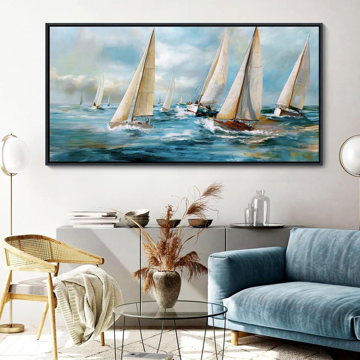 20" x 40" Blue Sailboat Framed Canvas Wrapped Artwork