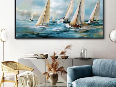 20" x 40" Blue Sailboat Framed Canvas Wrapped Artwork