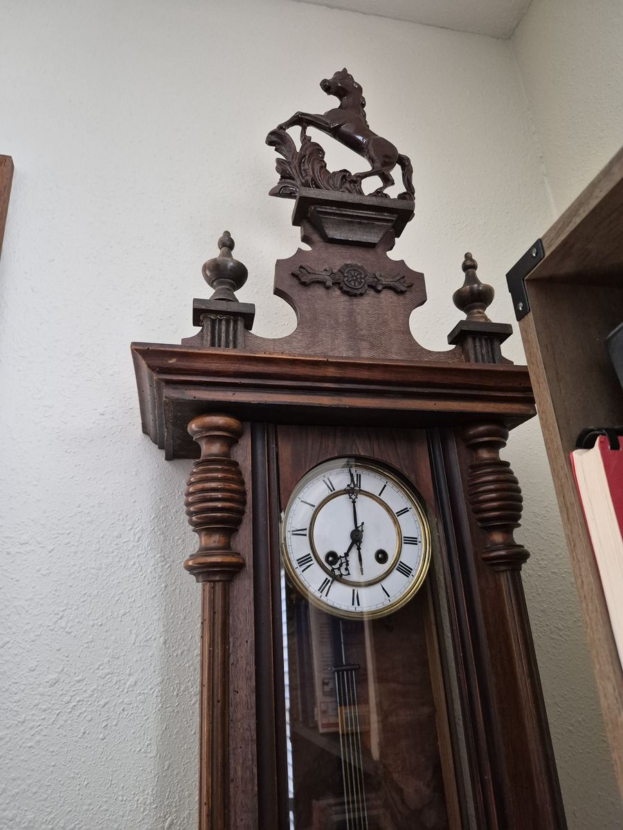Vintage German Wood Wall Clock with Horse Topper and Pendulum