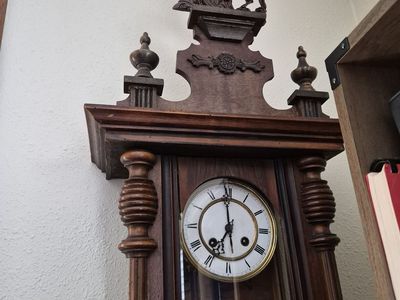 Vintage German Wood Wall Clock with Horse Topper and Pendulum