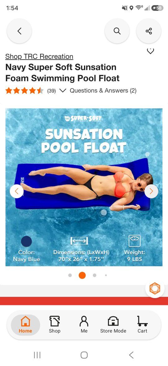 TRC Recreation Sensation Pool Float Navy Blue 70"x26" Foam Swimming Pool Lounger