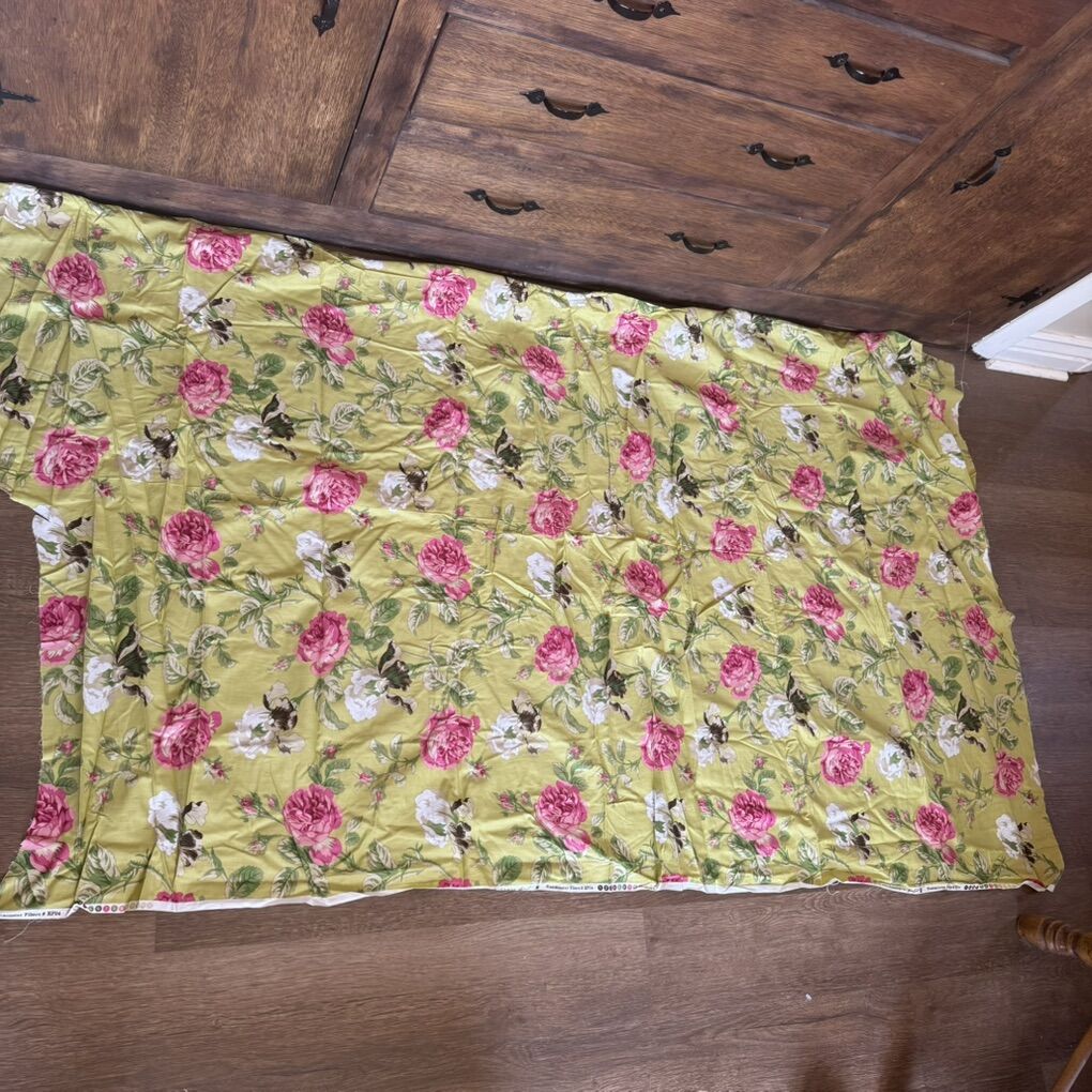 Floral Roses Fabric Pink Green Cream