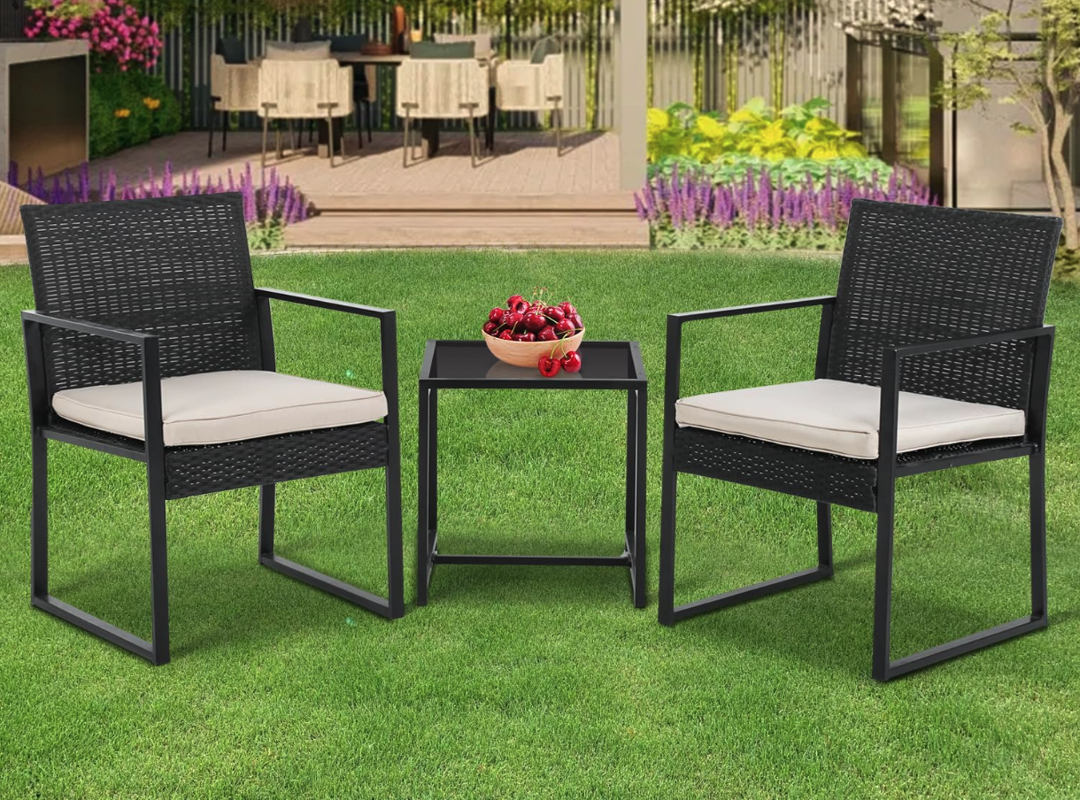 New Black 3-Piece Patio Sets Steel Outdoor Wicker Patio Furniture Sets with cushions
