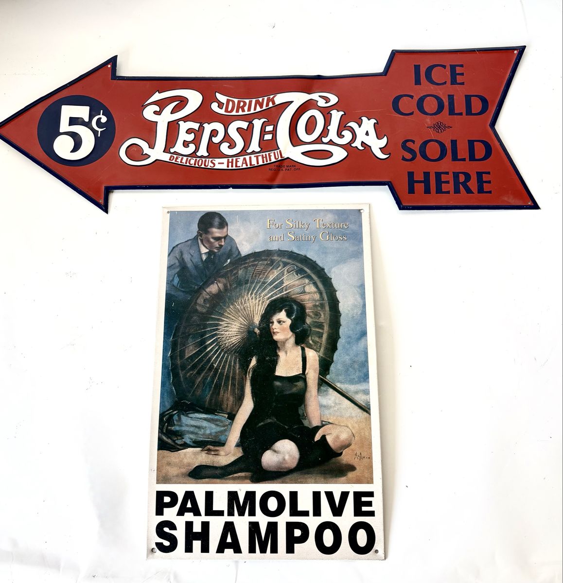 Vintage Pepsi-Cola 5c Arrow Sign & Palmolive Shampoo Metal Advertising Signs