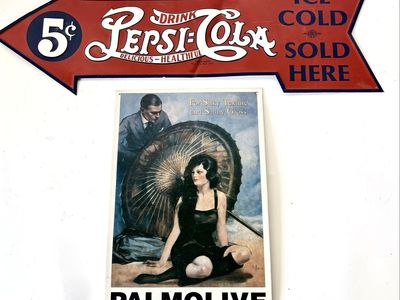 Vintage Pepsi-Cola 5c Arrow Sign & Palmolive Shampoo Metal Advertising Signs