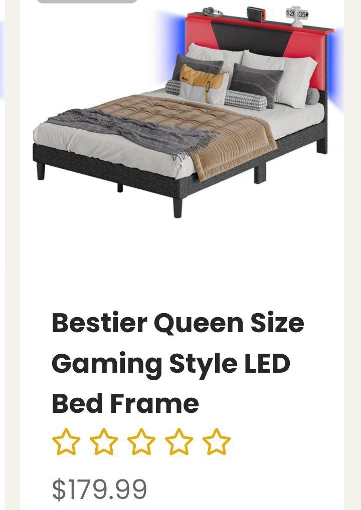 Bestier Queen Size Gaming Style LED Bed Frame with Upholstered Headboard & Storage Shelf.