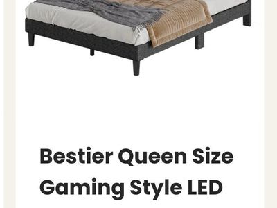 Bestier Queen Size Gaming Style LED Bed Frame with Upholstered Headboard & Storage Shelf.