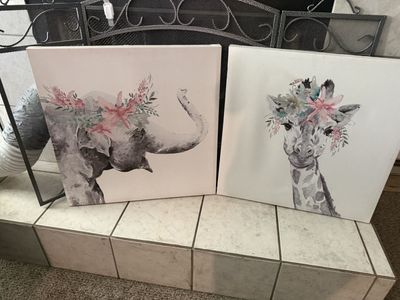 Set of 2 Watercolor Animal Canvas Prints - Elephant and Giraffe with Floral Crowns