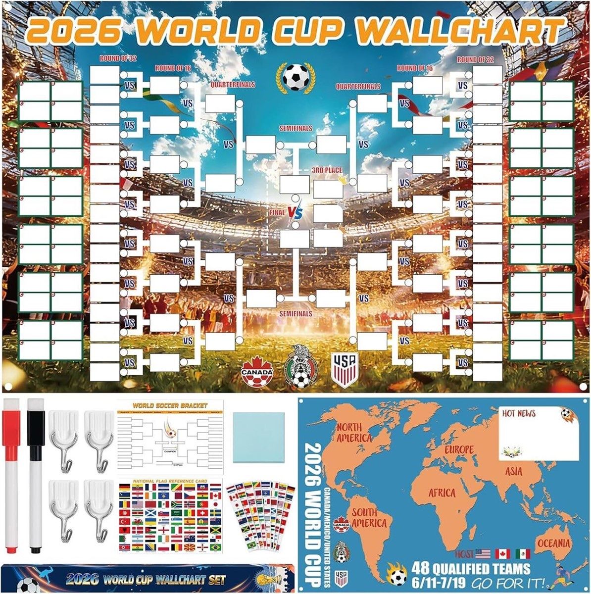 2026 World Cup Wallchart Soccer Bracket Kit - Premium PVC, Fade-Resistant, 31.5"x23.6"