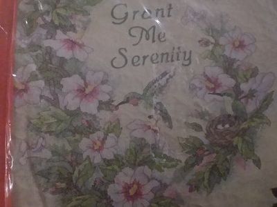 God Grant Me Serenity Hummingbird Floral Wreath Cross Stitch Kit New and complete...pre quilted blanket