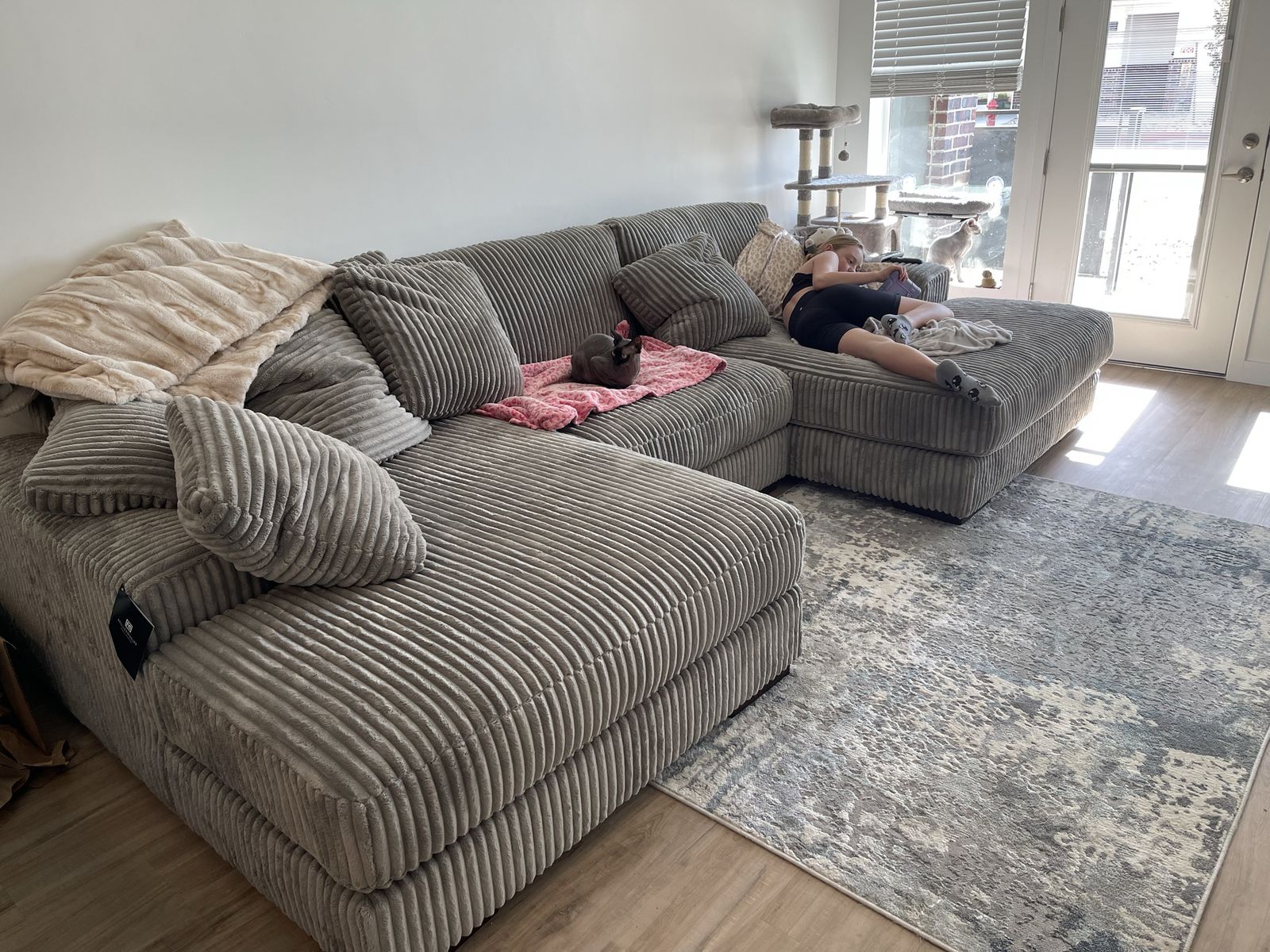 Comfortable Grey Corduroy Sectional Sofa Couch