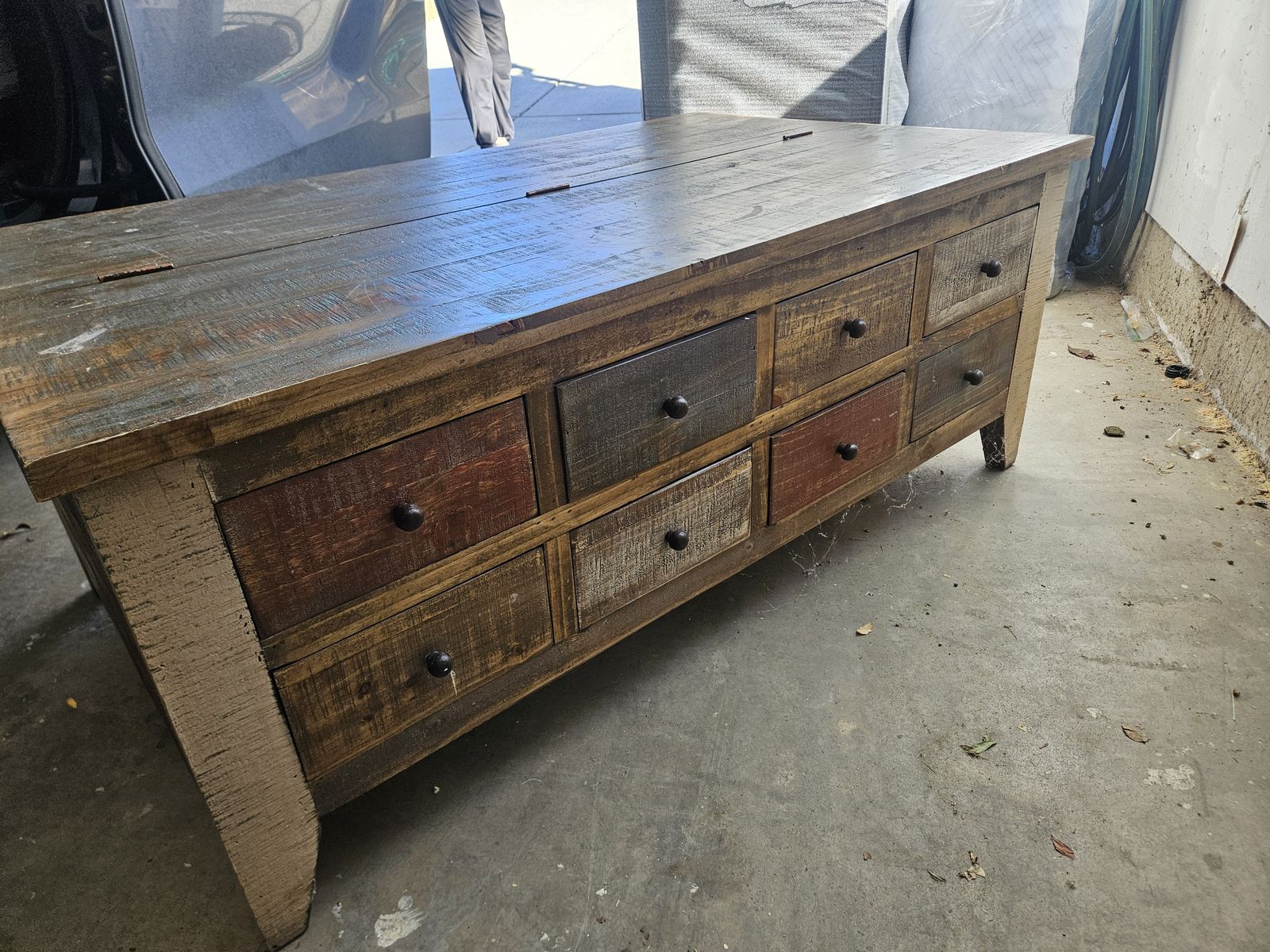 Large Wood Coffee Table with Storage, Uniquely Distressed w/ Color