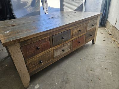 Large Wood Coffee Table with Storage, Uniquely Distressed w/ Color