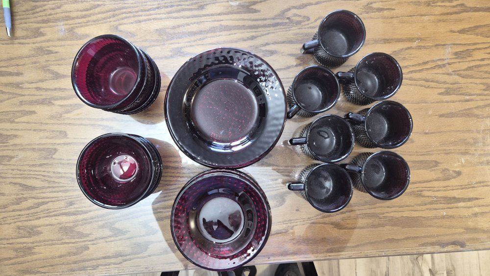 Vintage ruby red Hobnail glass dinnerware.