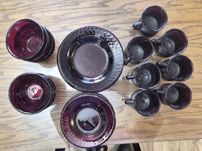 Vintage ruby red Hobnail glass dinnerware.