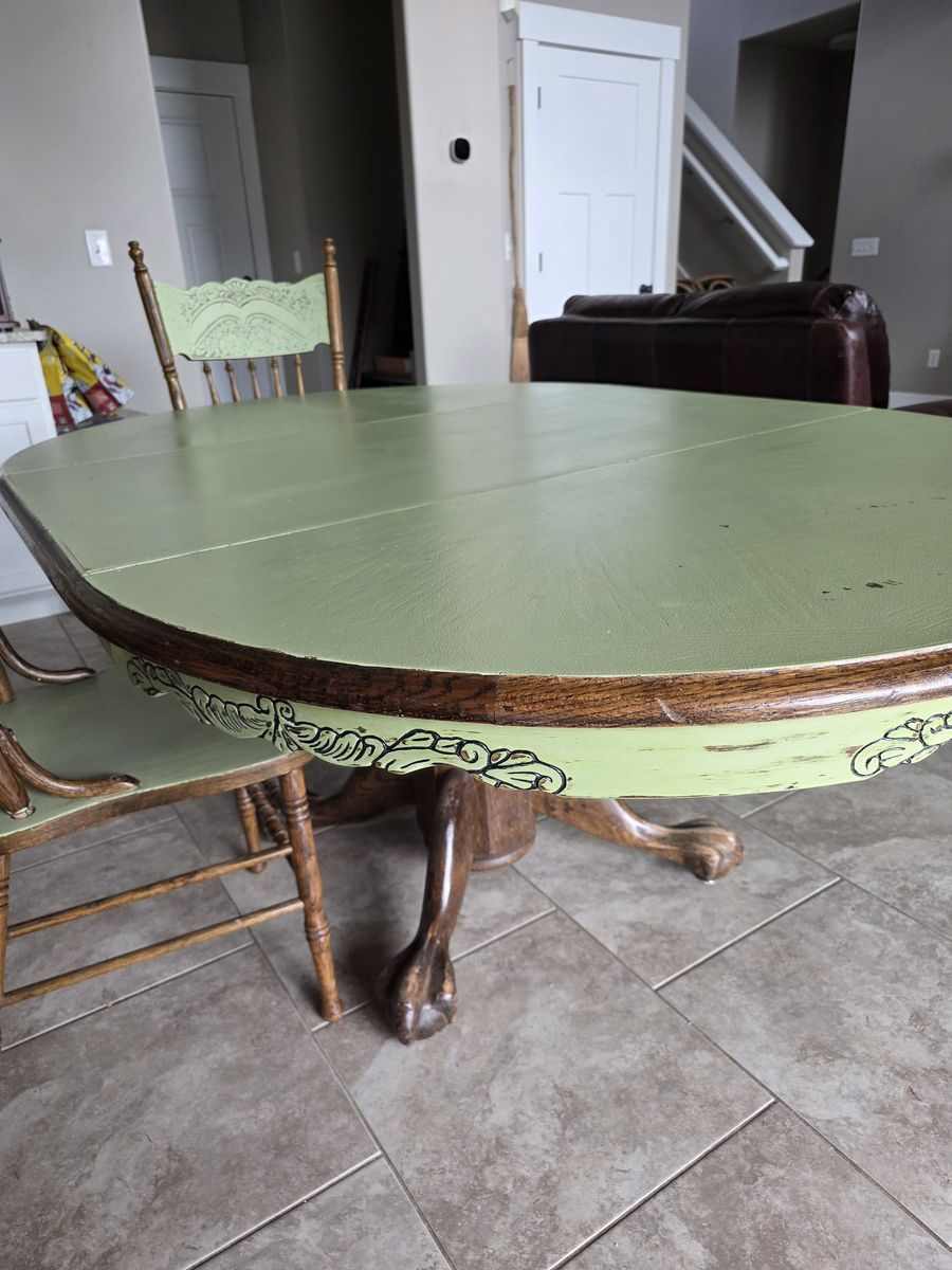 Vintage Hand-Painted Green Dining Table with Pedestal Clawfoot Base