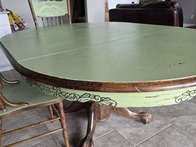Vintage Hand-Painted Green Dining Table with Pedestal Clawfoot Base