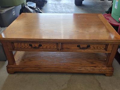 Oak Wood Coffee Table with 2 Drawers and Lower Shelf Storage