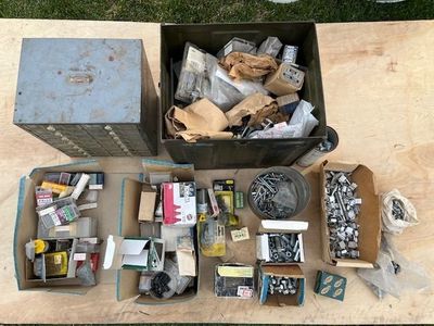 Nuts, bolts, nails, screws, tool shed cabinet, and lots of other things..