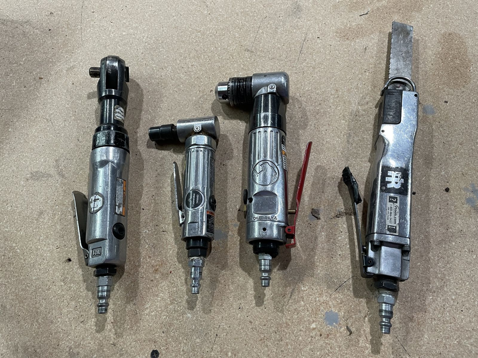 Ingersol Rand saw-Matco angle drill-Central Pneumatic angle grinder-Champion ratchet wrench 3/8”