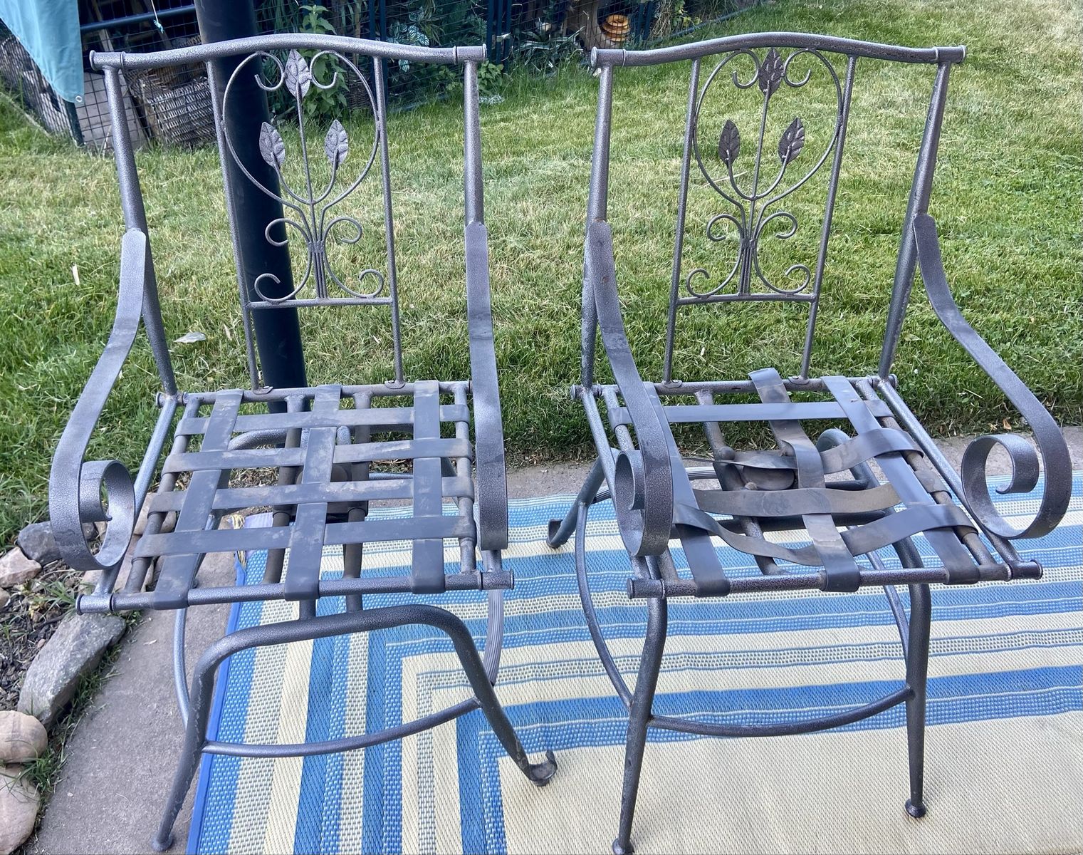 Two metal swivel chairs bar height heavy quality old cool one needs work