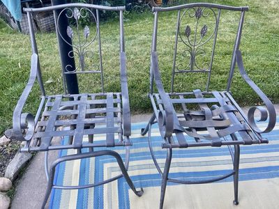 Two metal swivel chairs bar height heavy quality old cool one needs work
