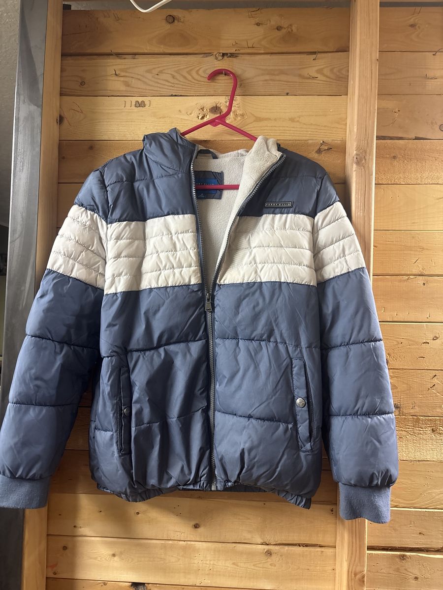 Perry Ellis Boys' Puffer Jacket Size 18 Blue White Full Zip Hooded Warm Winter Coat