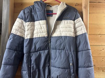 Perry Ellis Boys' Puffer Jacket Size 18 Blue White Full Zip Hooded Warm Winter Coat