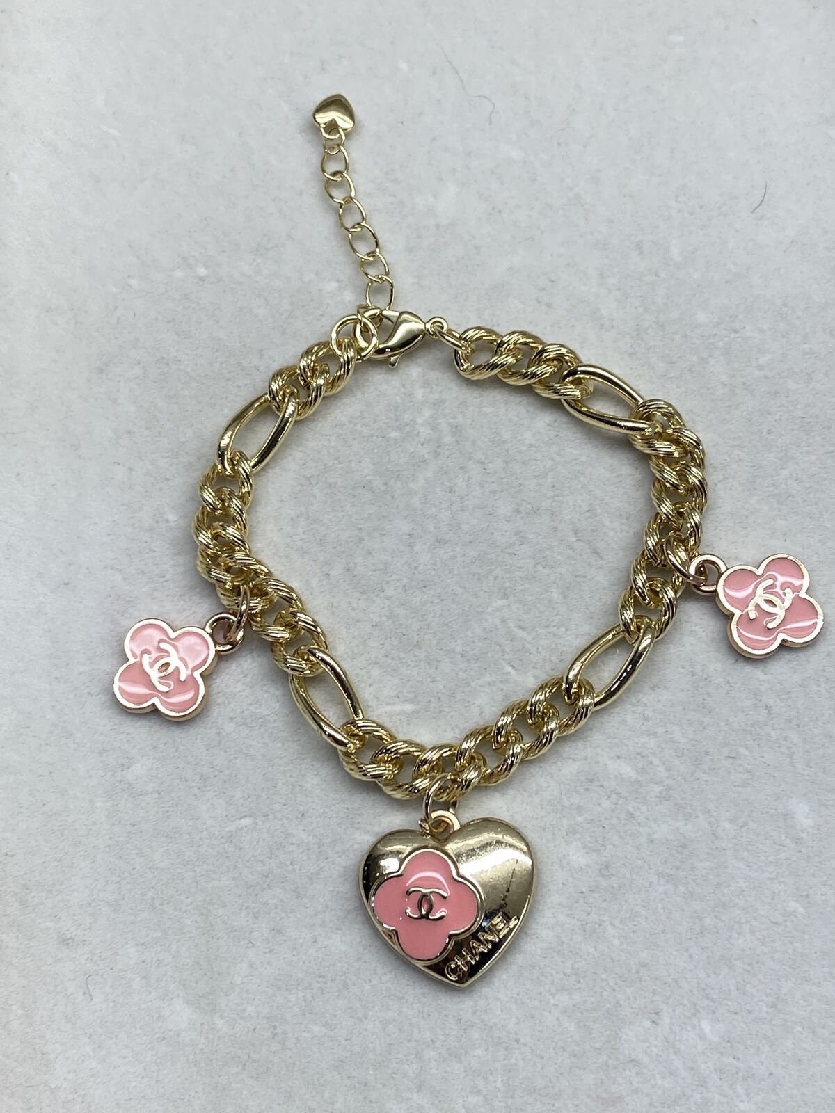 Chanel Gold & Pink Heart Charm Bracelet